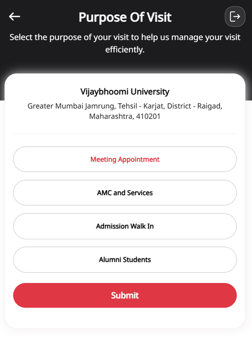Existing system screen 5 of 6: purpose of visit, offering only Meeting Appointment, AMC and Services, Admission Walk In, and Alumni Students. Captured as research evidence, not a proposed design.