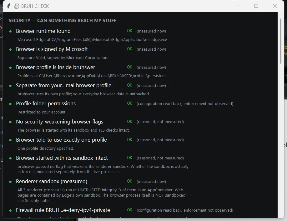 The bruhcheck screen of bruhswer, listing checks and their results.