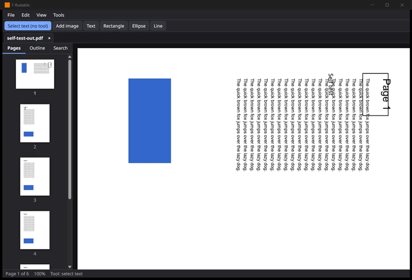 The T-Rustable window: a menu bar, a row of tool buttons, page thumbnails on the left and a PDF page with a blue rectangle and turned lines of text in the middle.