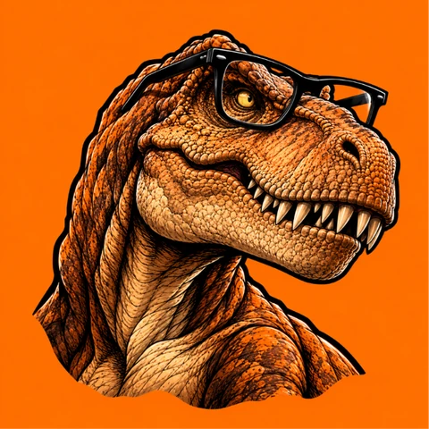 The T-Rustable logo: a T-Rex in black glasses on an orange background.