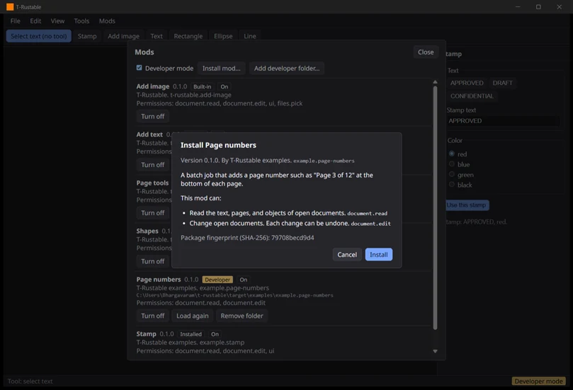 The Mods window with an install dialog for Page numbers. It lists what the mod can do: read open documents, and change them with undo. It shows the package fingerprint and Cancel and Install buttons.