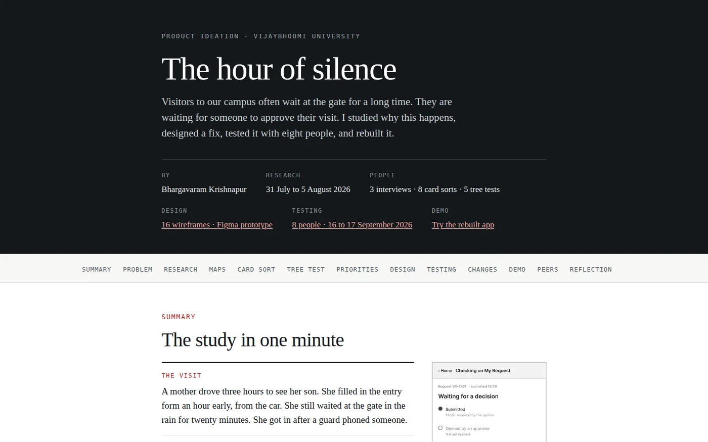 The study site, titled The hour of silence, with a one-minute summary of the visit.