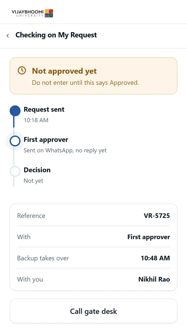 The waiting screen: Not approved yet, with who holds the request and when the backup takes over.